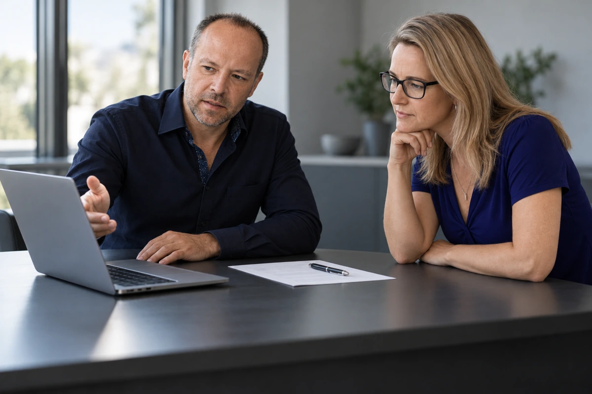 Axel Krause und Anja Metelmann im Beratungsgespräch am Laptop